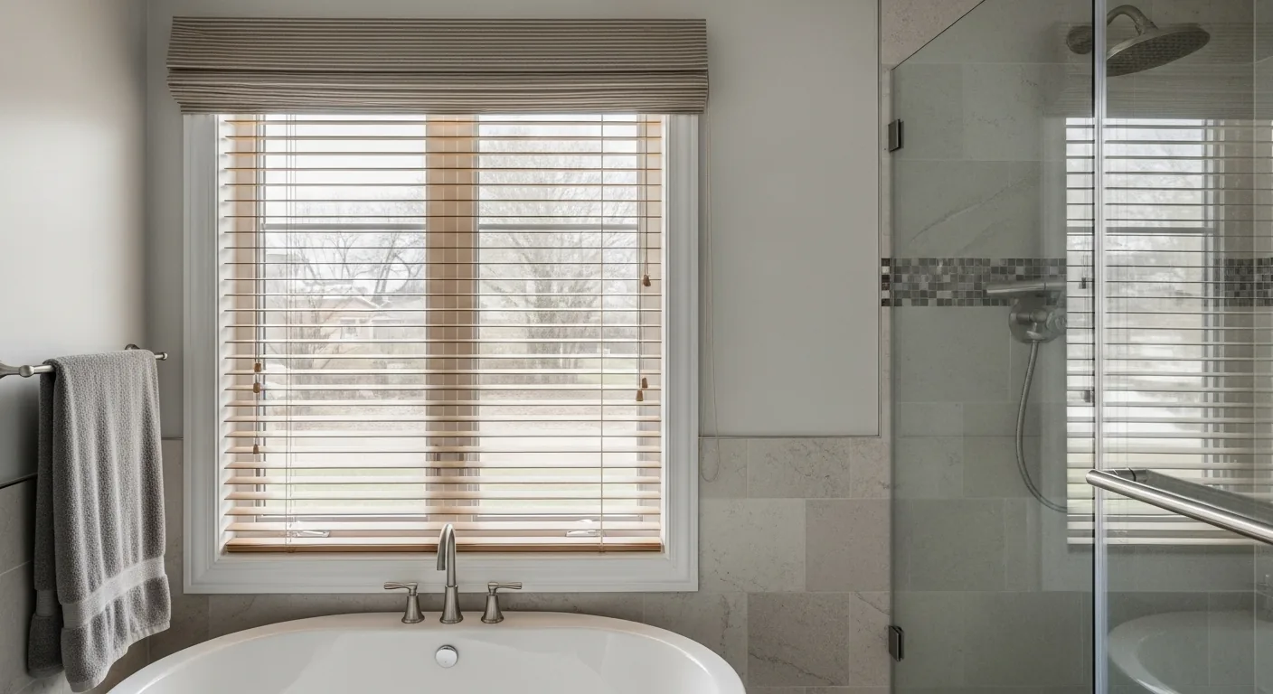 Bathroom window with moisture-resistant window coverings