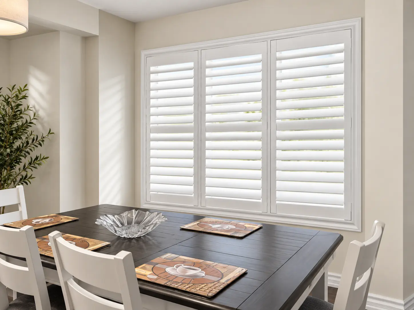 White California shutters on a three-panel dining-room window