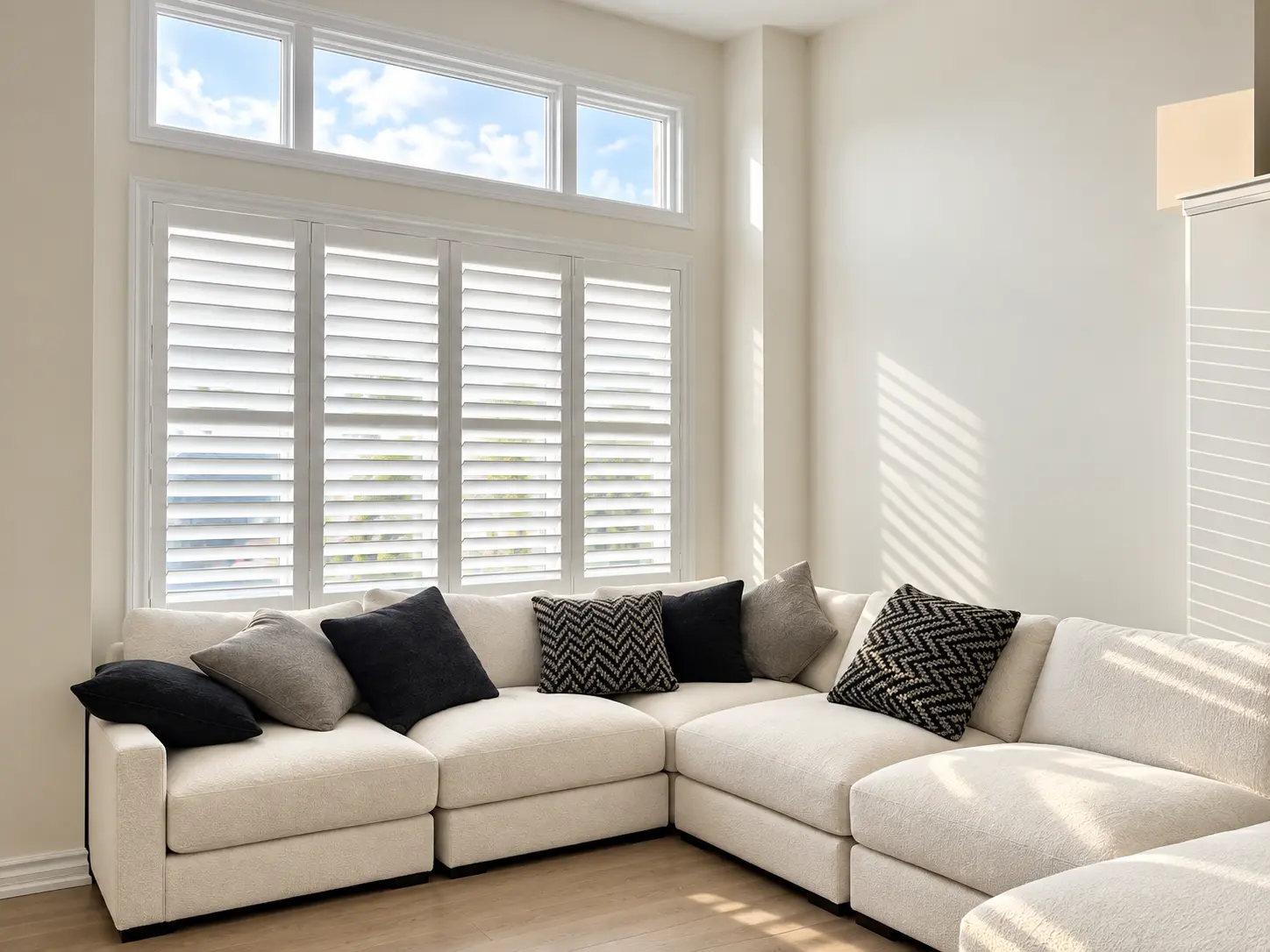 White California shutters on a family-room window below a transom
