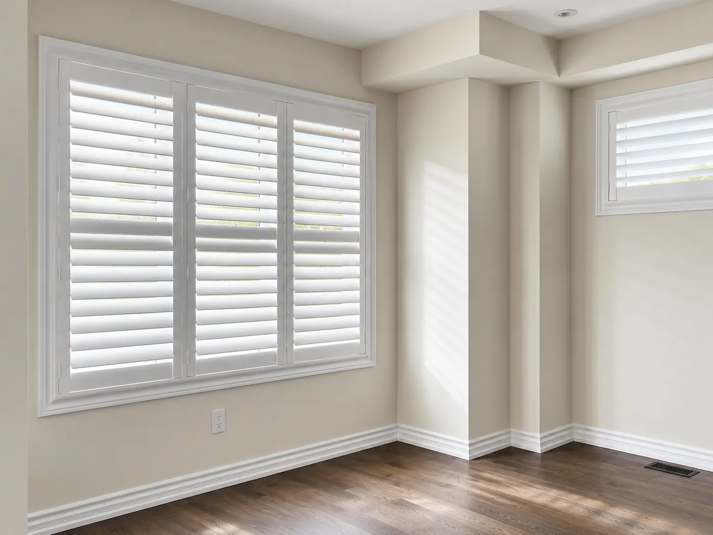 White California shutters on a living-room corner window