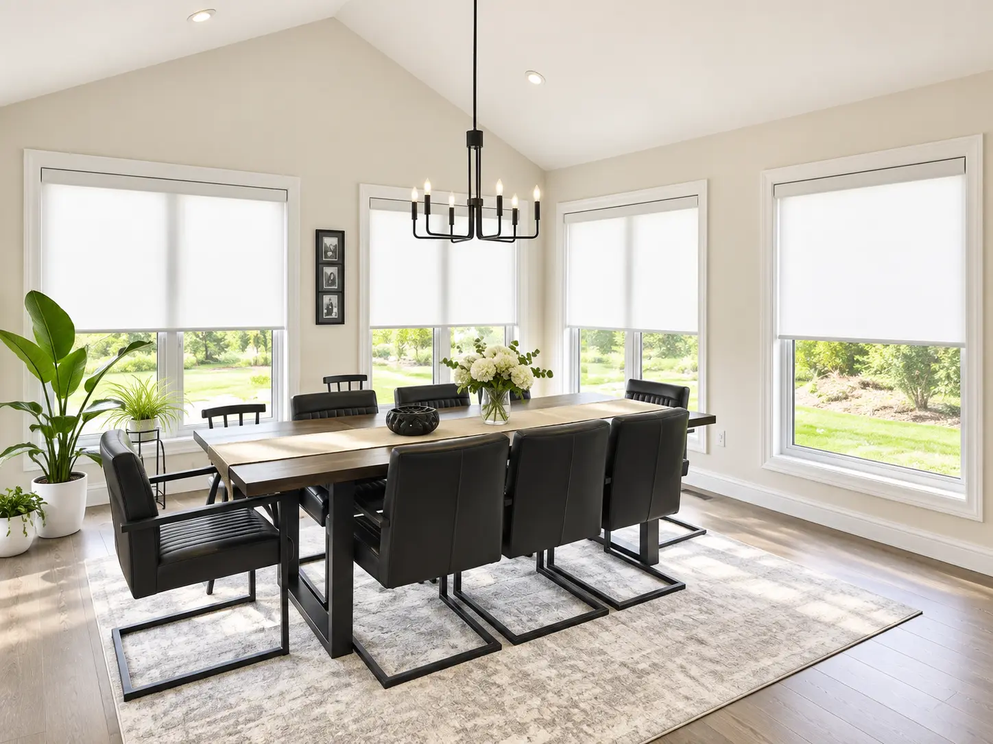 White roller shades on dining-room windows under a vaulted ceiling