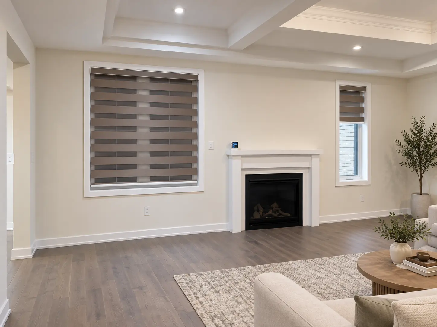 Brown zebra shades on a large living-room window beside a fireplace