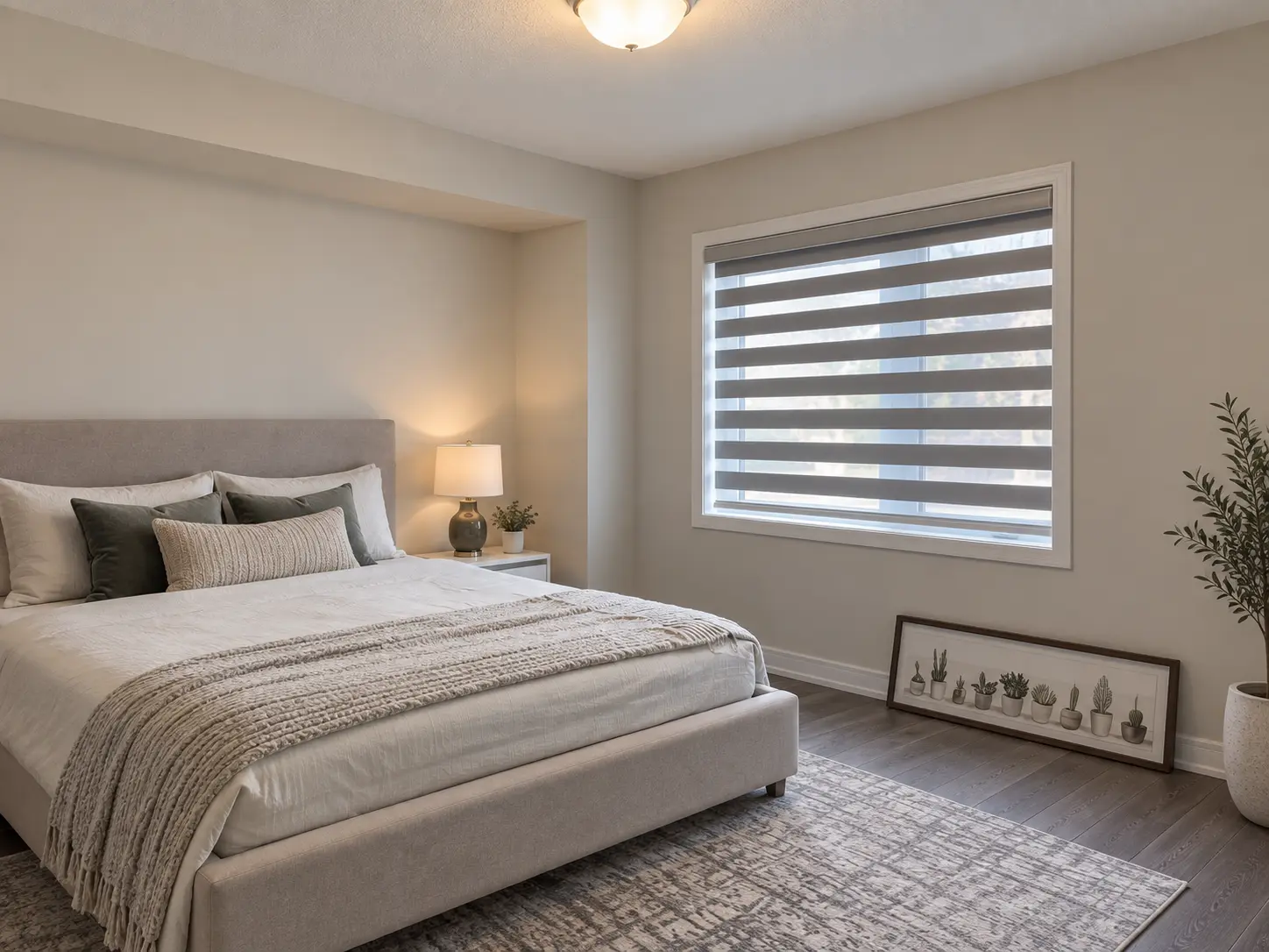 Charcoal zebra shade on a bedroom window