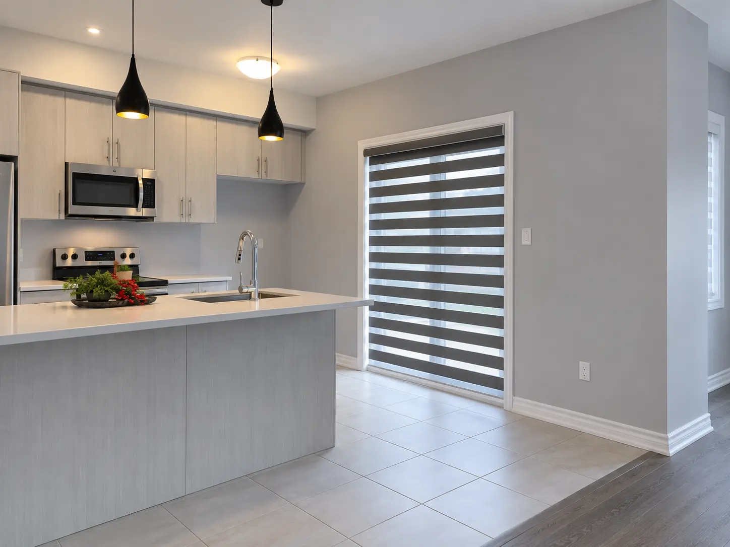 Dark grey zebra shades on a kitchen sliding patio door