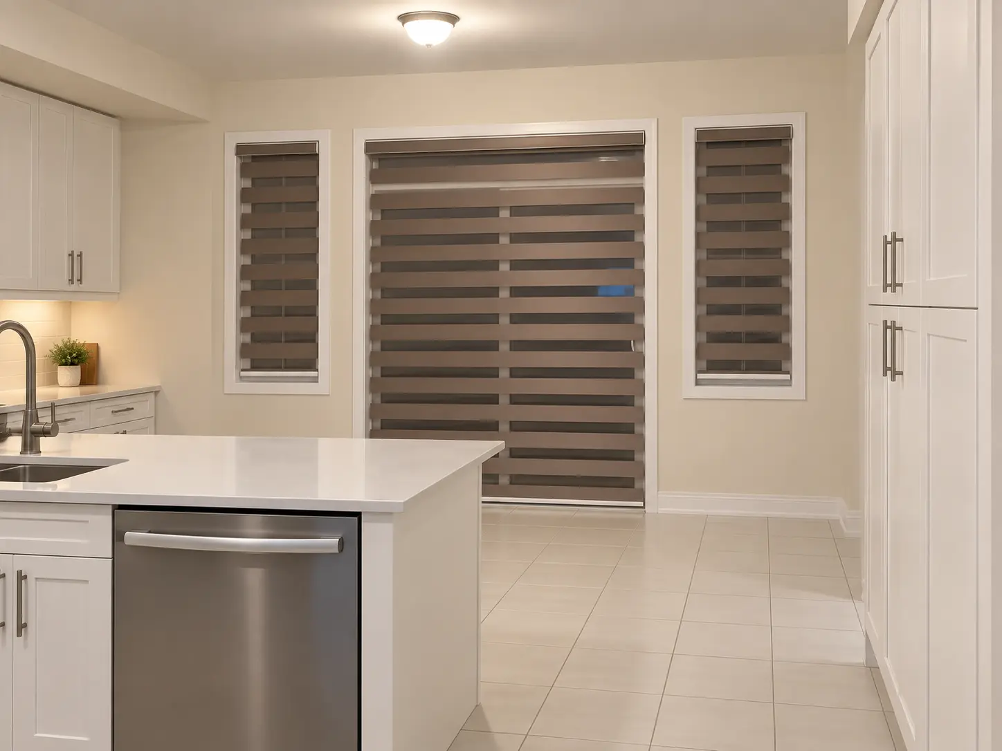 Taupe zebra shades sized to a kitchen patio door and two narrow flanking windows