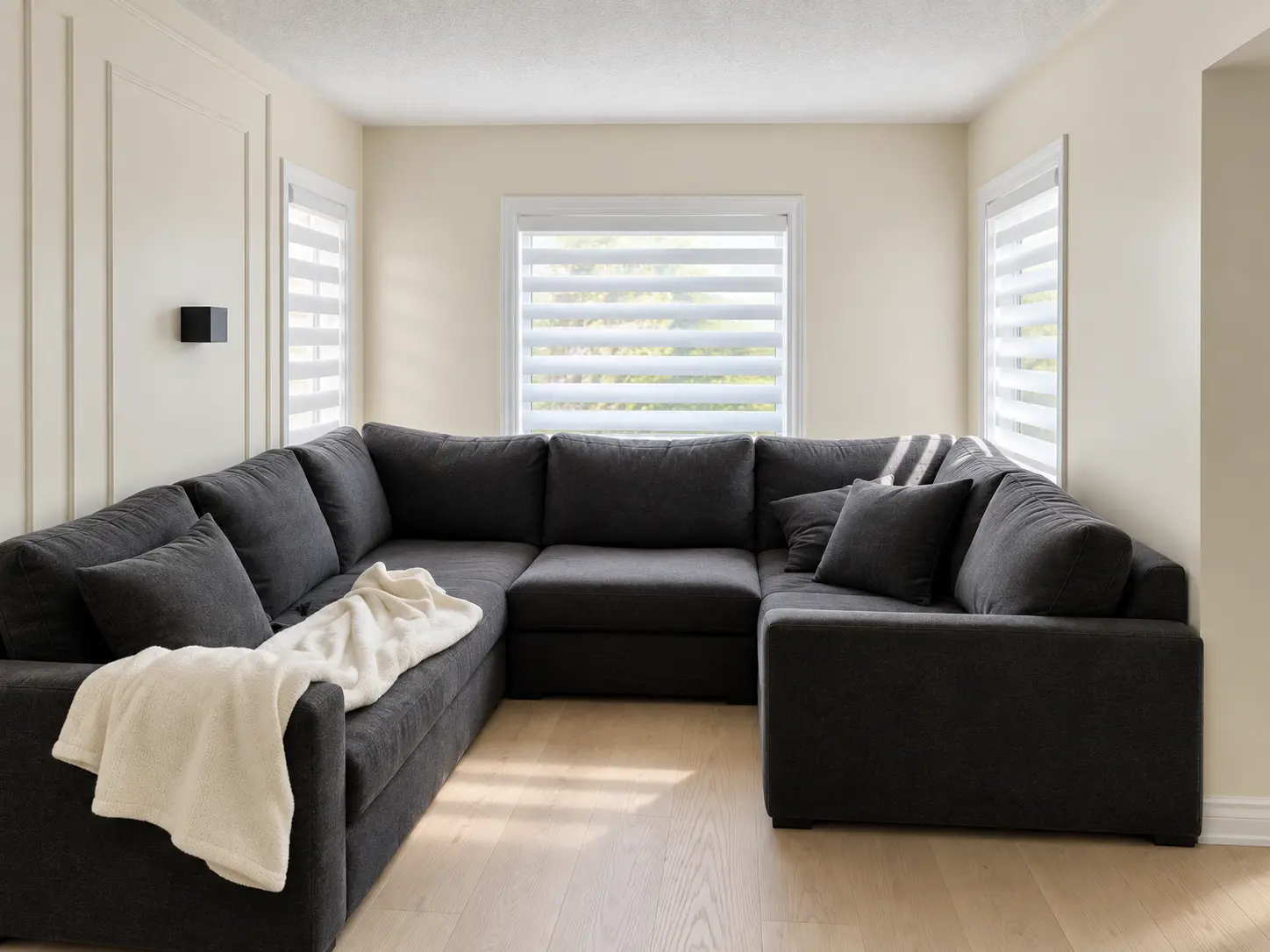 White zebra shades on three living-room windows